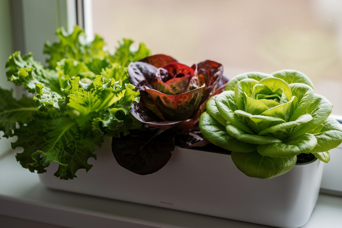 Three lettuce varieties growing in containers on a windowsill: green leaf, red leaf, and butterhead