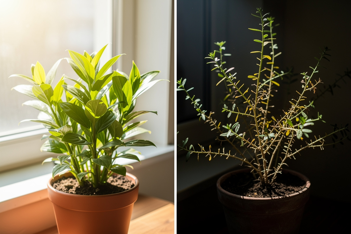 Side by side comparison of plant growing in window light versus dark corner