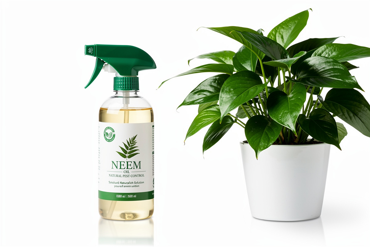 Neem oil spray bottle next to a healthy houseplant as a natural pest control solution