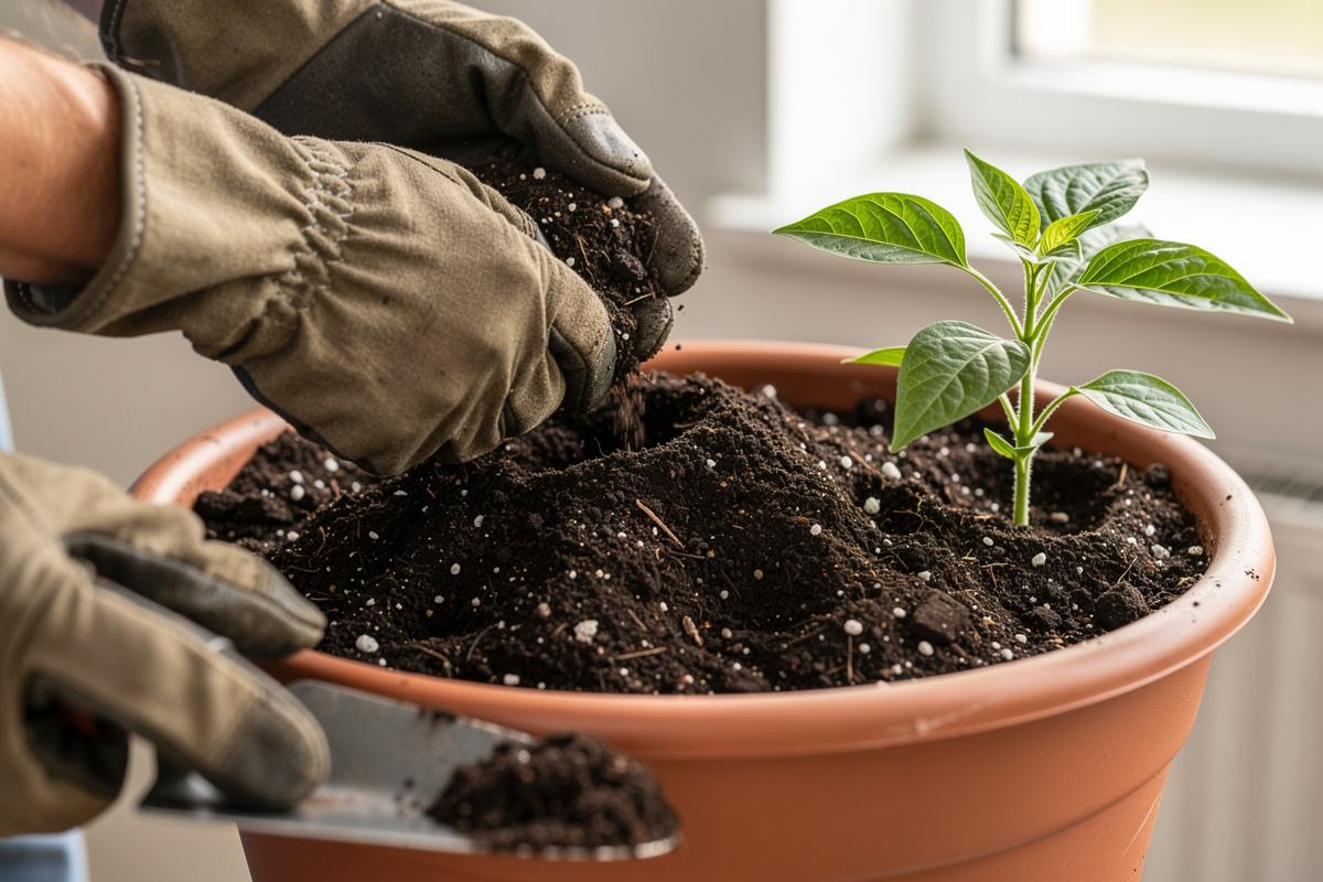 Filling a container with potting soil for indoor pepper growing
