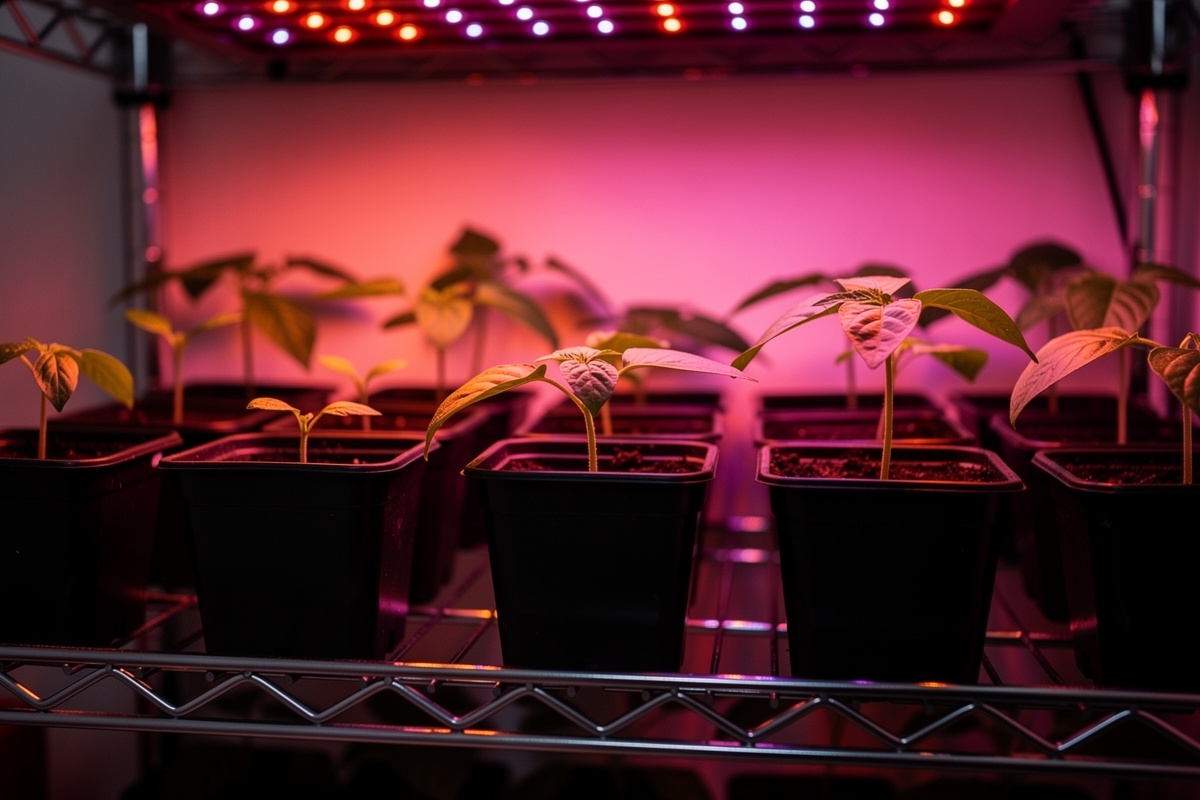 Pepper seedlings growing under LED grow lights on a wire shelf