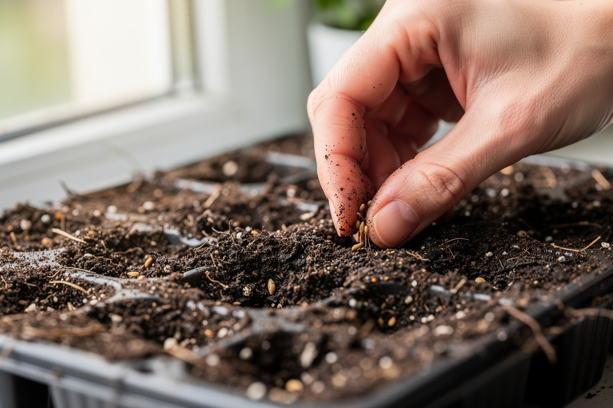 Hands pressing seeds into moist seed starting mix in cell trays
