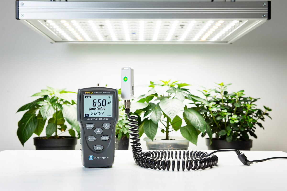 Light meter measuring PPFD next to indoor plants under grow lights
