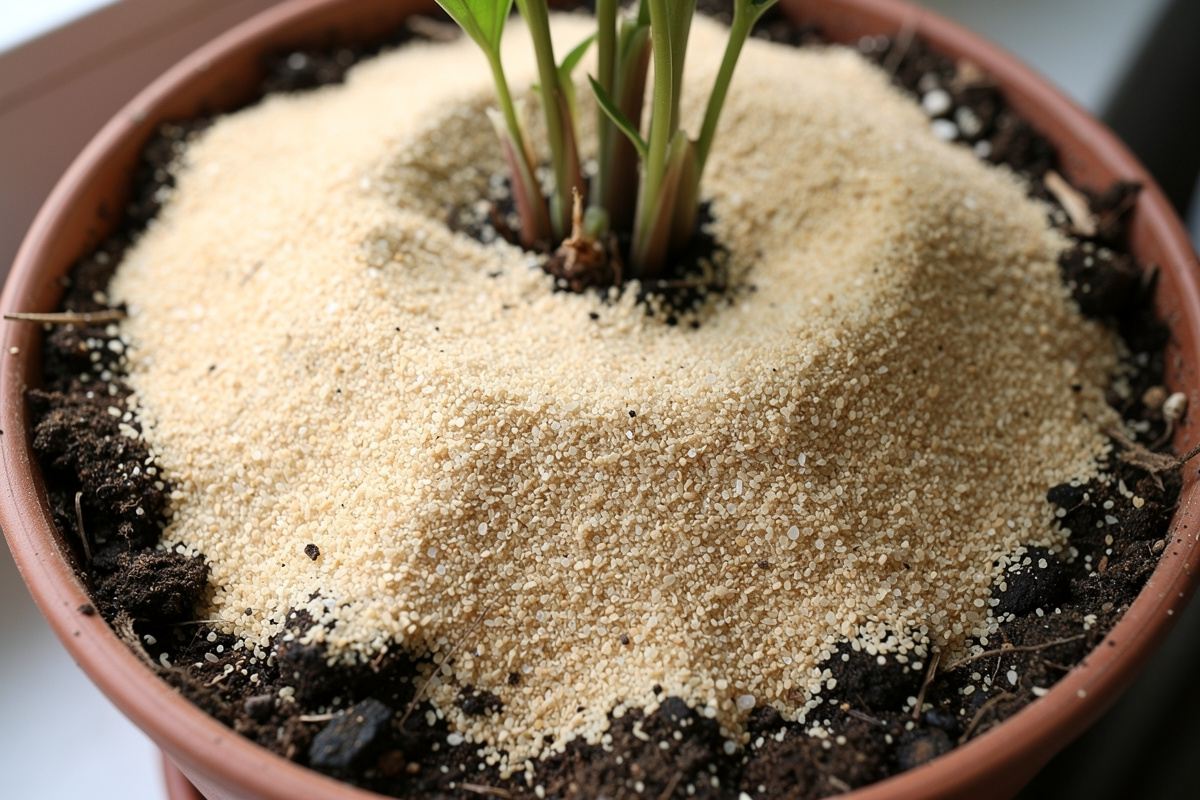 Layer of sand on top of potting soil in a plant pot as a fungus gnat prevention method