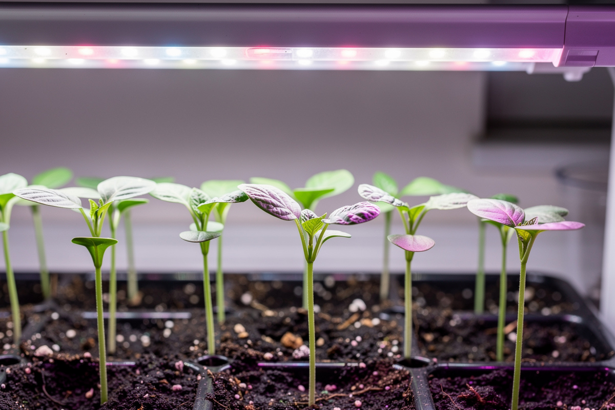 Young seedlings growing under LED grow lights indoors