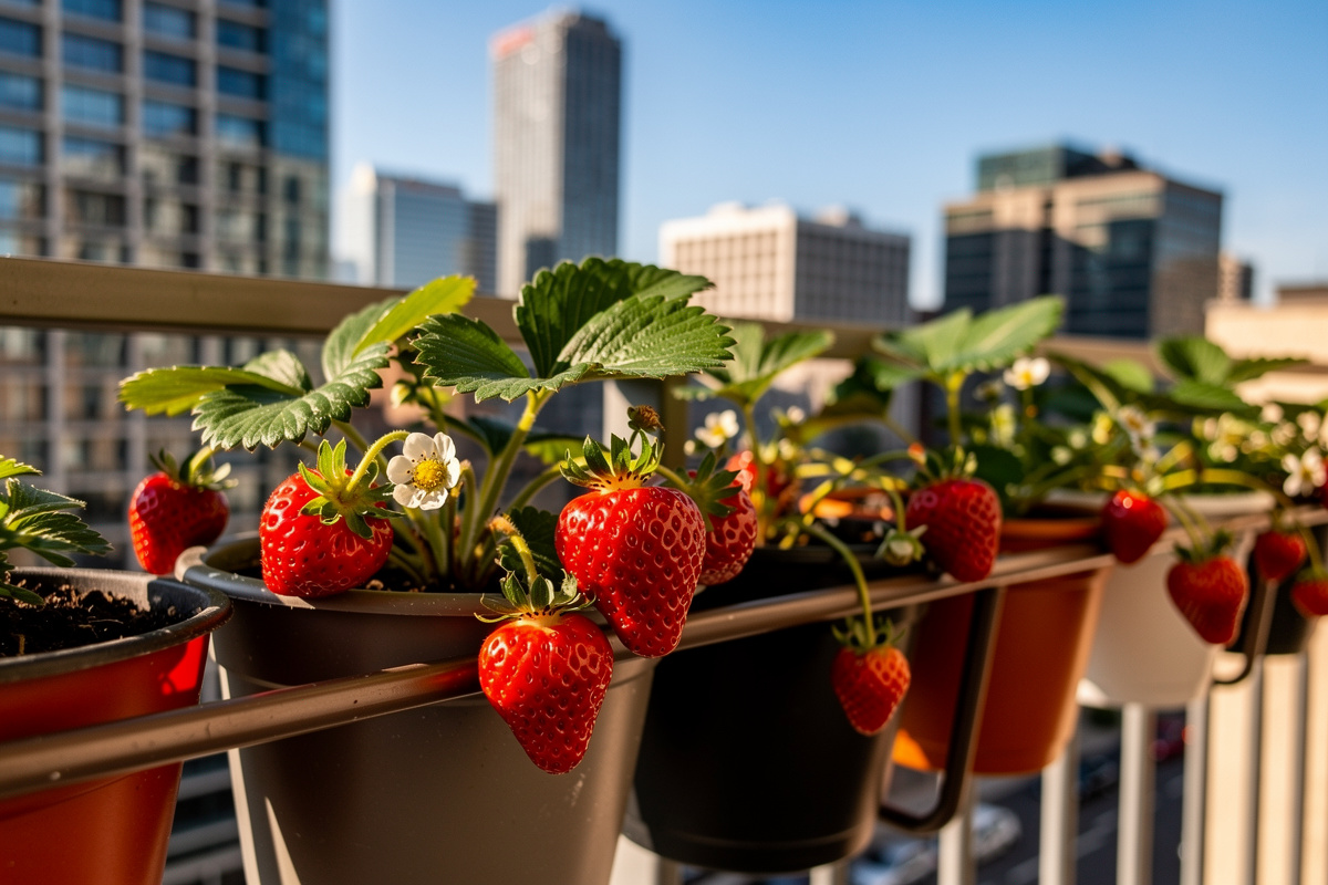 Fresh ripe red strawberries growing in containers on a sunny apartment balcony with urban skyline in background