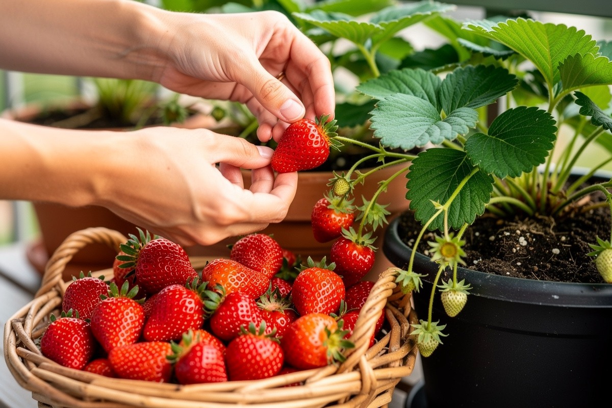 Hand harvesting ripe strawberries from container garden with basket, close-up of fresh picked berries