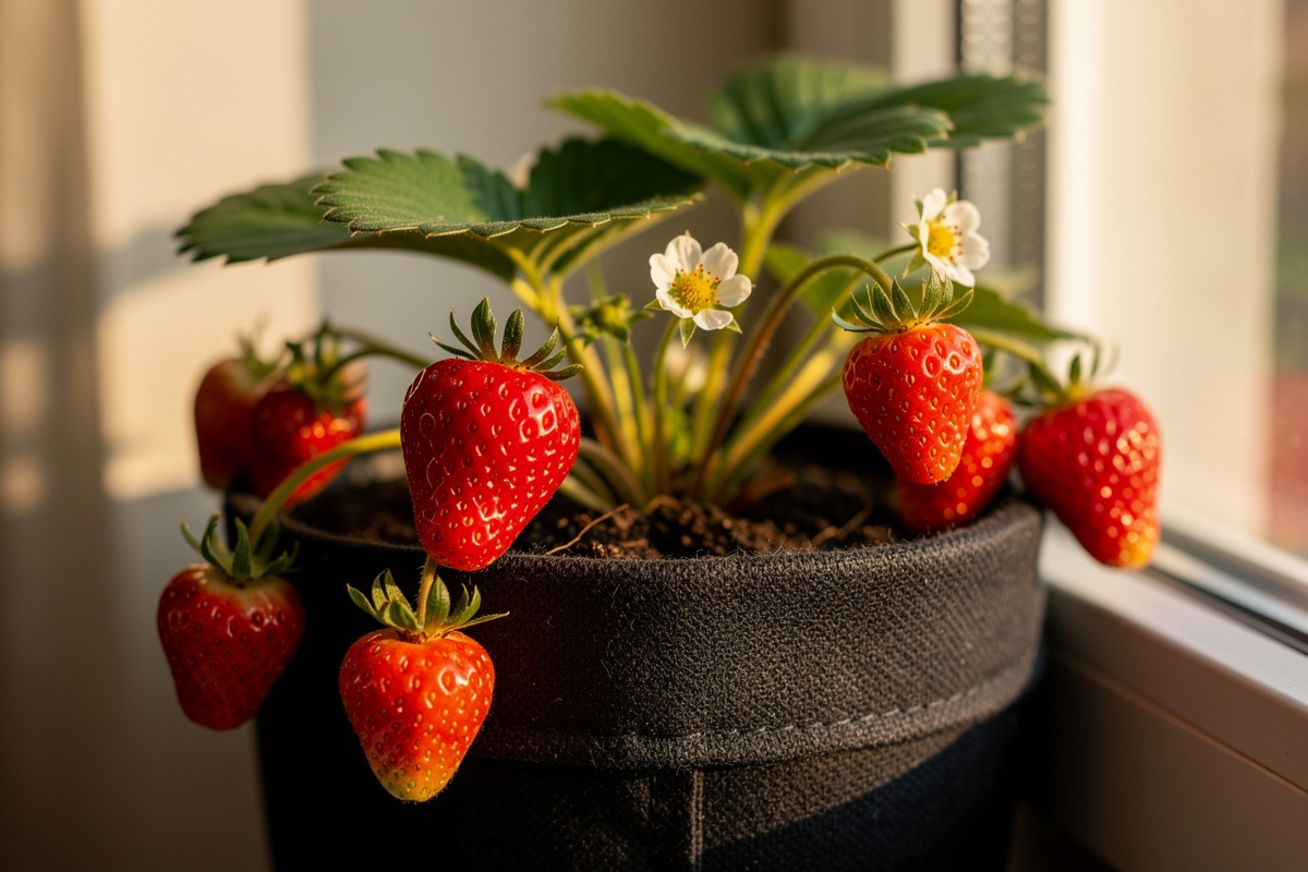 Close-up of strawberry plant with ripe red berries in a fabric grow pot on indoor windowsill with natural sunlight