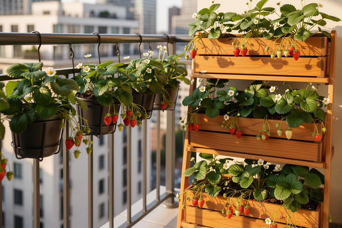 Strawberry plants in hanging containers and tiered planter boxes on apartment balcony with vertical growing setup