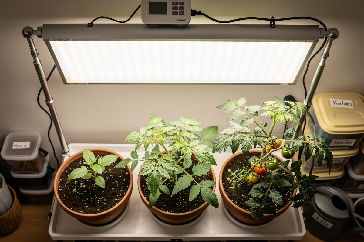 Indoor tomato growing station with LED grow light panel above potted tomato plants