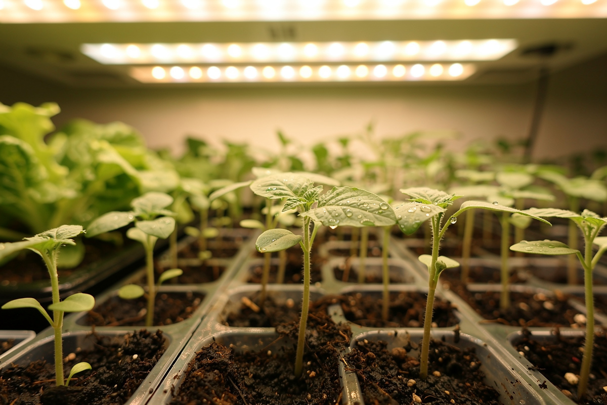 Seedling trays of vegetables under LED grow light