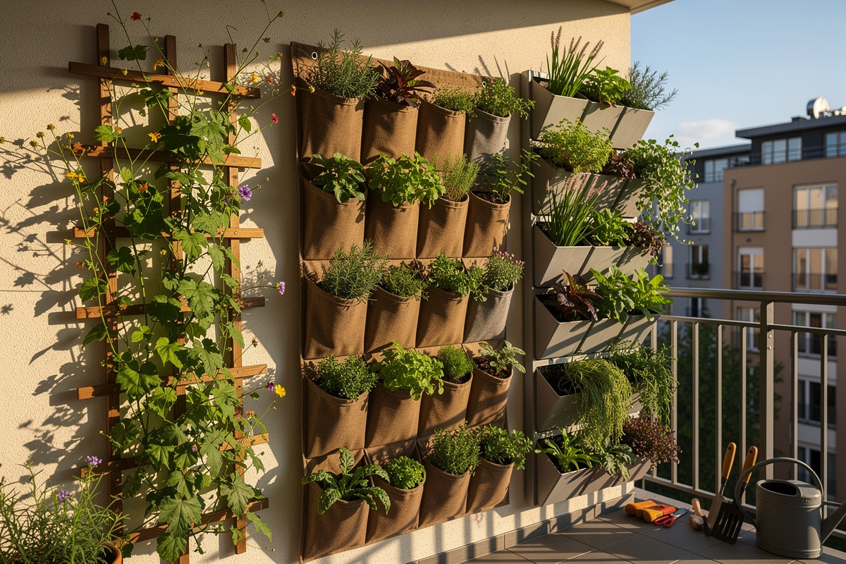 Vertical garden wall with trellises, pocket planters, and climbing plants on a sunny urban balcony