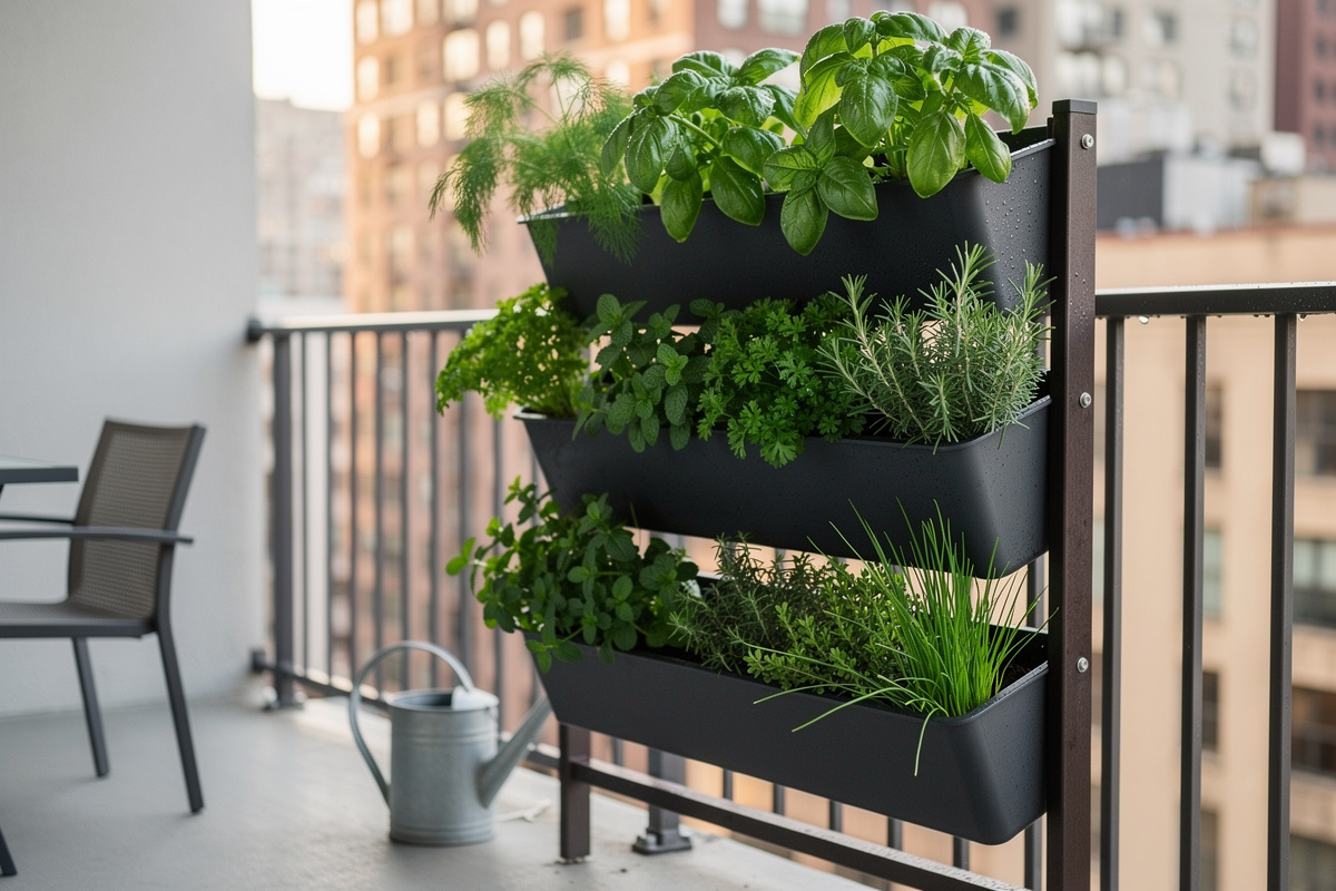 Vertical herb garden wall mounted on apartment balcony with multiple herb varieties in tiered planters