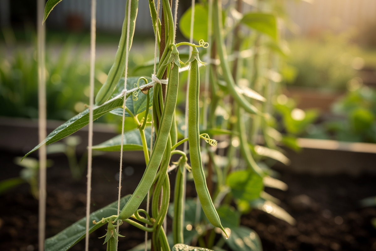 Pole beans climbing a vertical string trellis with green pods