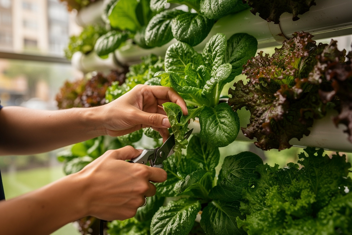 Harvesting fresh lettuce from a vertical wall garden
