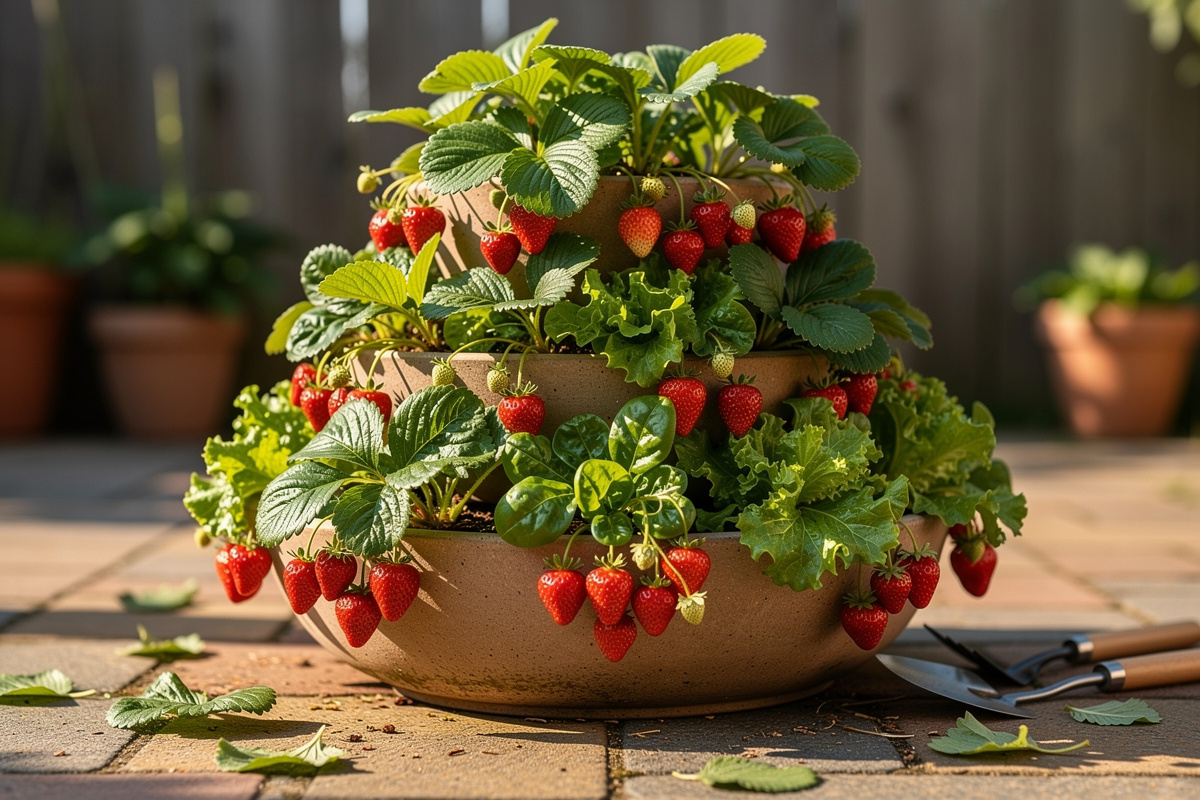 Stacked tiered planter with strawberries and leafy greens