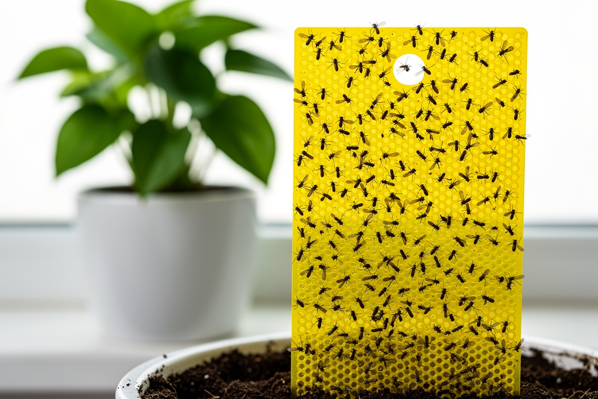 Yellow sticky trap covered with fungus gnats next to a potted plant