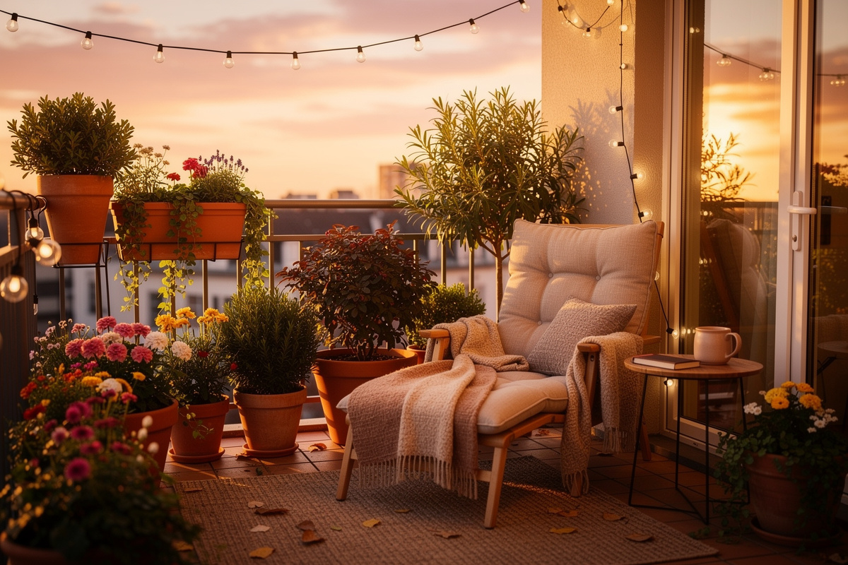 A cozy apartment balcony garden at sunset with string lights and large terracotta pots