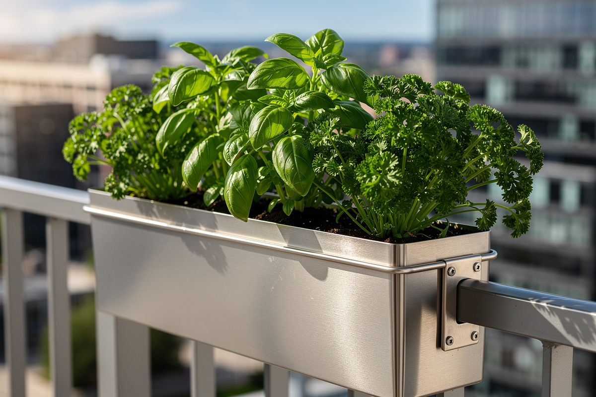 A close-up of a high-quality metal railing planter on an apartment balcony with fresh green basil and parsley