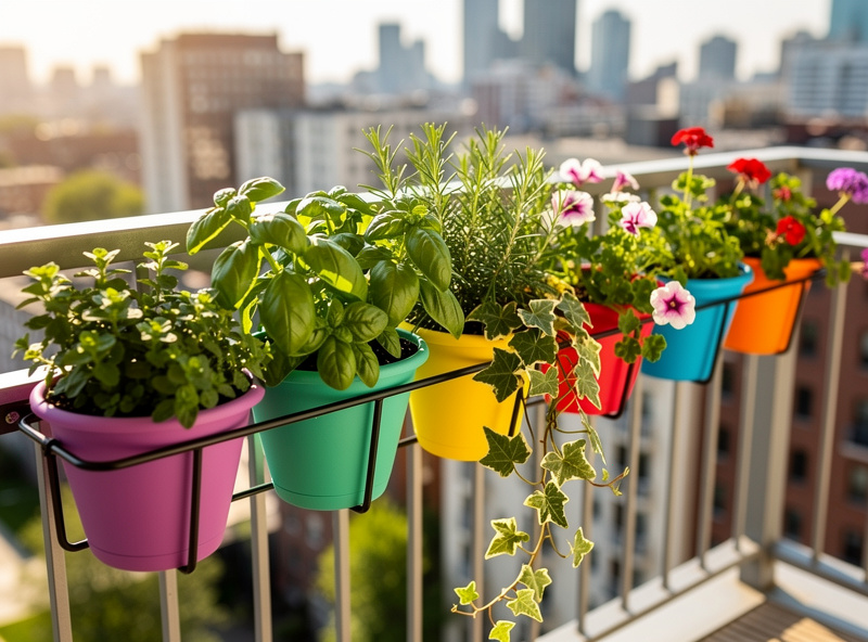 Colorful railing planters on an apartment balcony filled with herbs and flowers