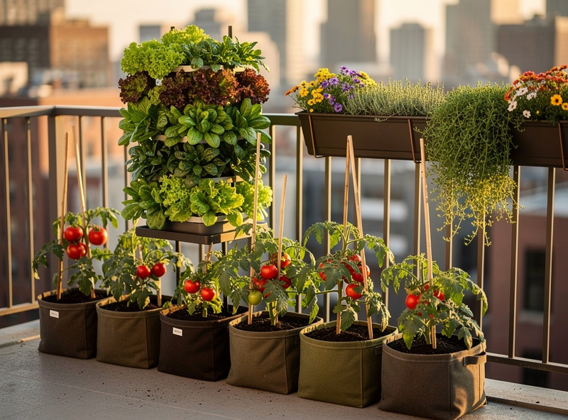 A vertical vegetable garden on an apartment balcony with tomato plants in grow bags and a tiered herb tower