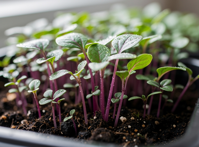 Red cabbage microgreens with purple stems