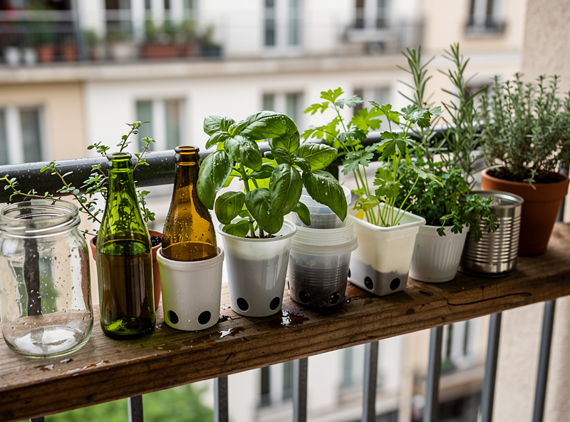 Recycled containers used as herb pots on a balcony