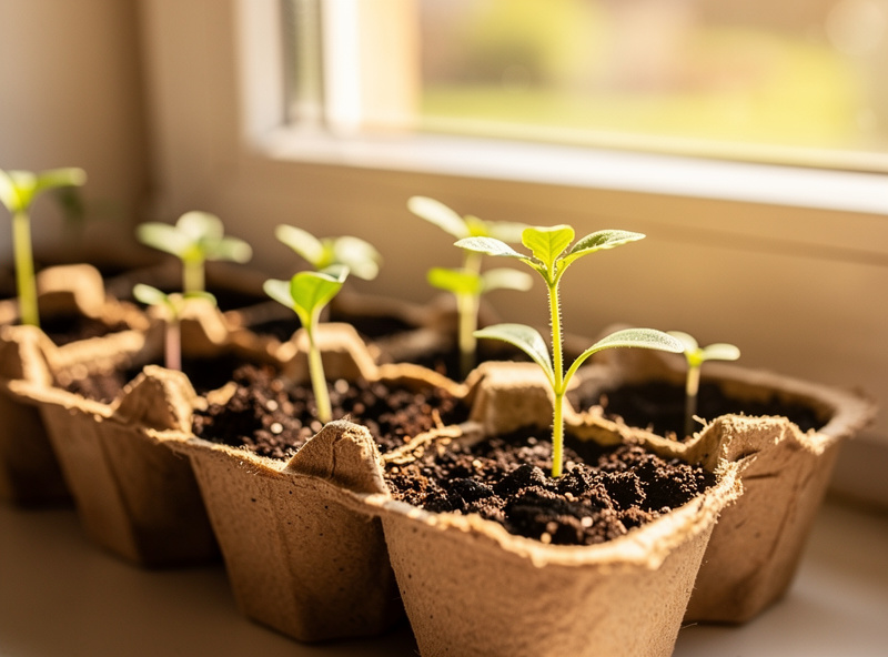 Seedlings growing in an egg carton on a windowsill