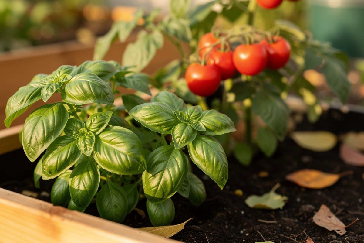 Sweet basil plants growing alongside red ripening tomato plants in a sunny vegetable garden bed in midsummer