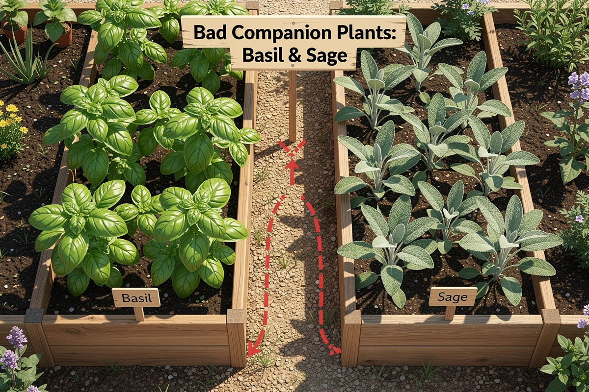 Visual demonstration of bad companions for basil with sage and basil planted separately in different garden beds