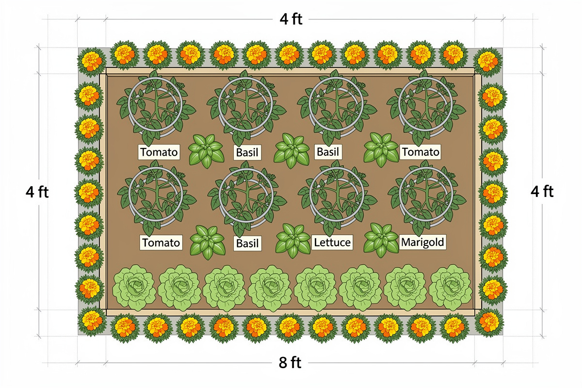 Top-down view of a 4 by 8 foot vegetable garden bed with tomatoes basil and marigolds laid out as companion planting