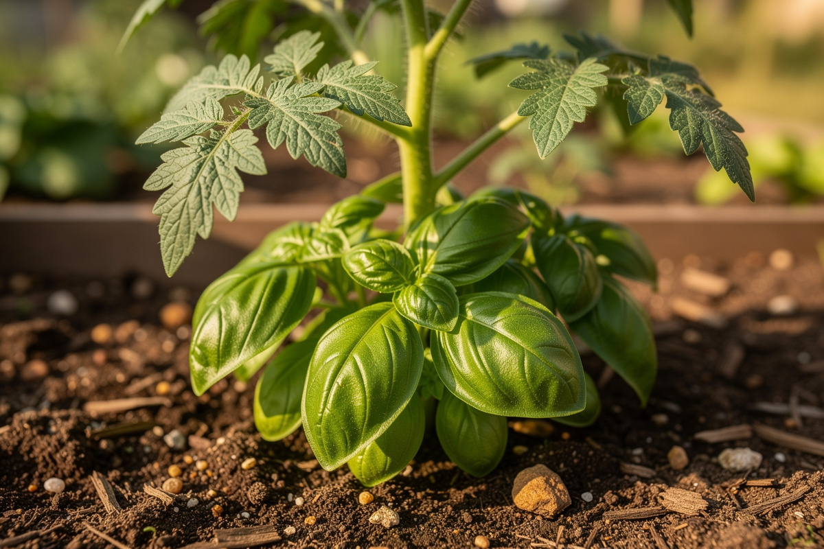 Close-up of basil plant growing at the base of a tomato plant in a vegetable garden bed