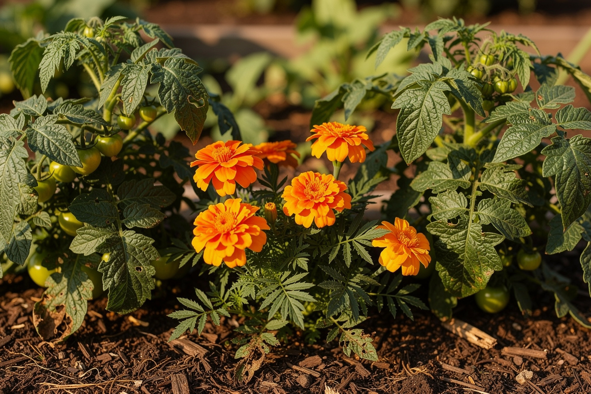 Bright orange and yellow French marigolds blooming in a vegetable garden between two tomato plants