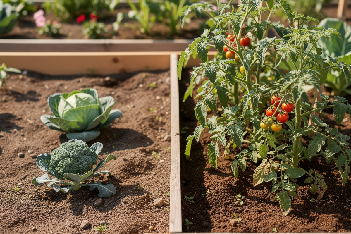 Visual demonstration of bad companions for tomatoes, a tomato plant separated from a cabbage plant in a vegetable garden