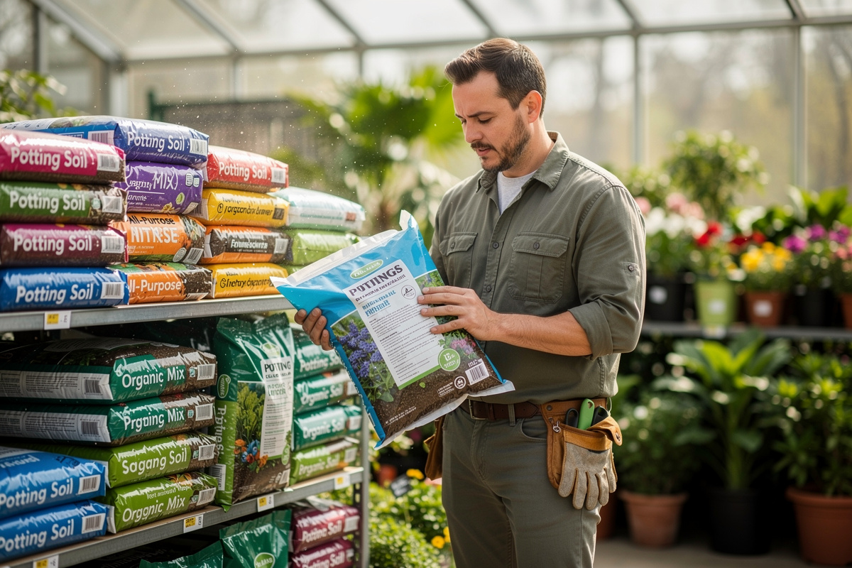 Gardener comparing different potting soil brands at a garden center