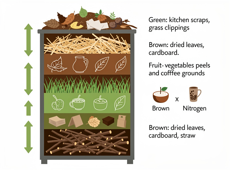 Compost layers showing green and brown materials