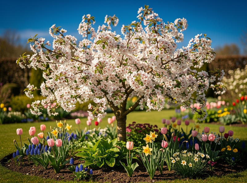 Small crab apple tree in full spring blossom with pink-white flowers