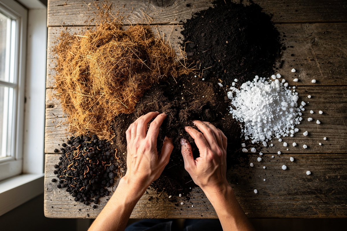 DIY potting soil ingredients being mixed together