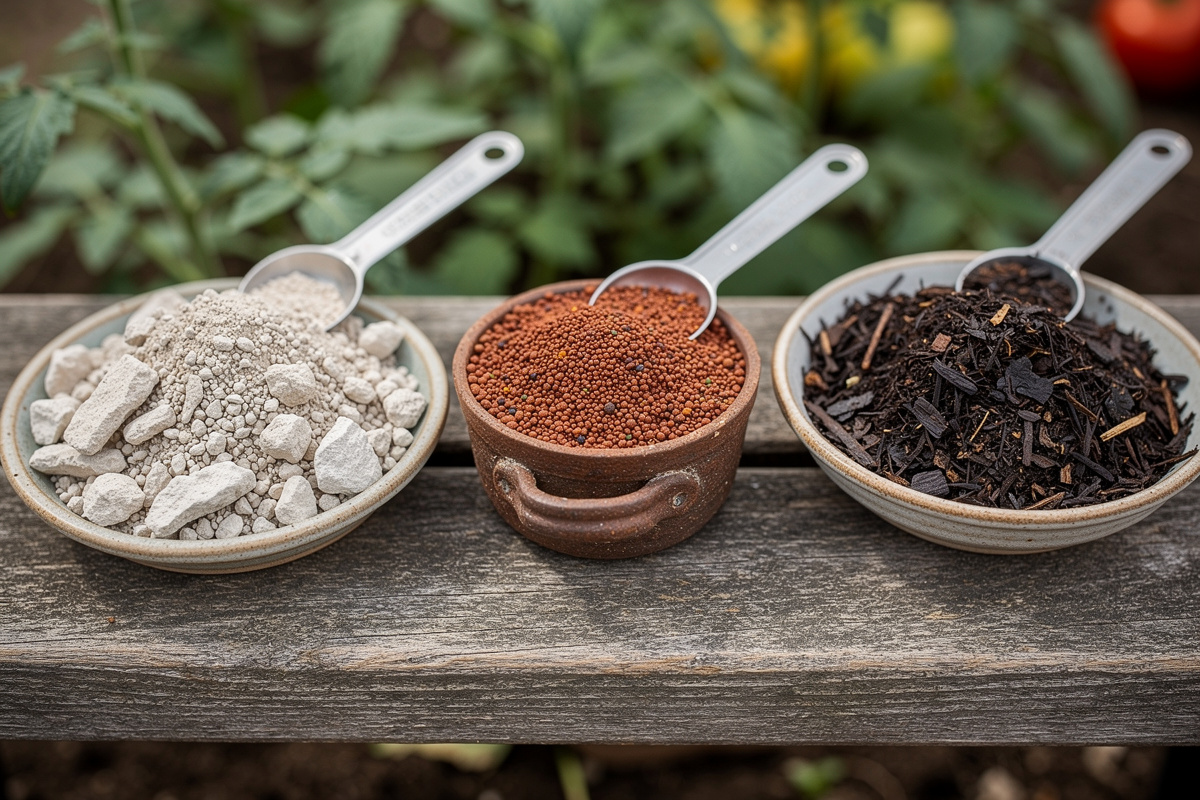Display of three different organic tomato fertilizer products on a garden bench including bone meal kelp meal and tomato fertilizer