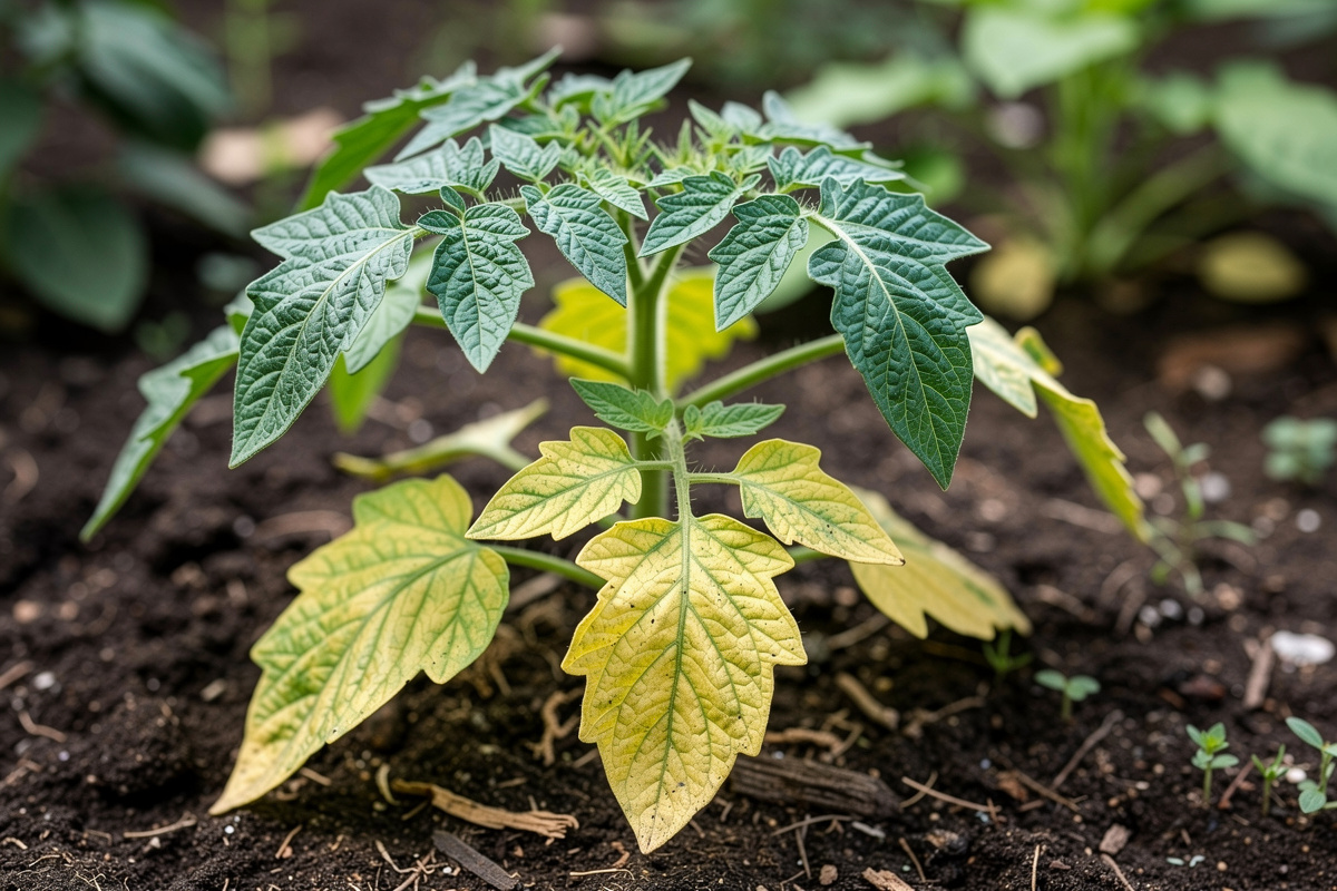Tomato plant with yellow lower leaves showing nitrogen deficiency progressing toward the bottom of the plant