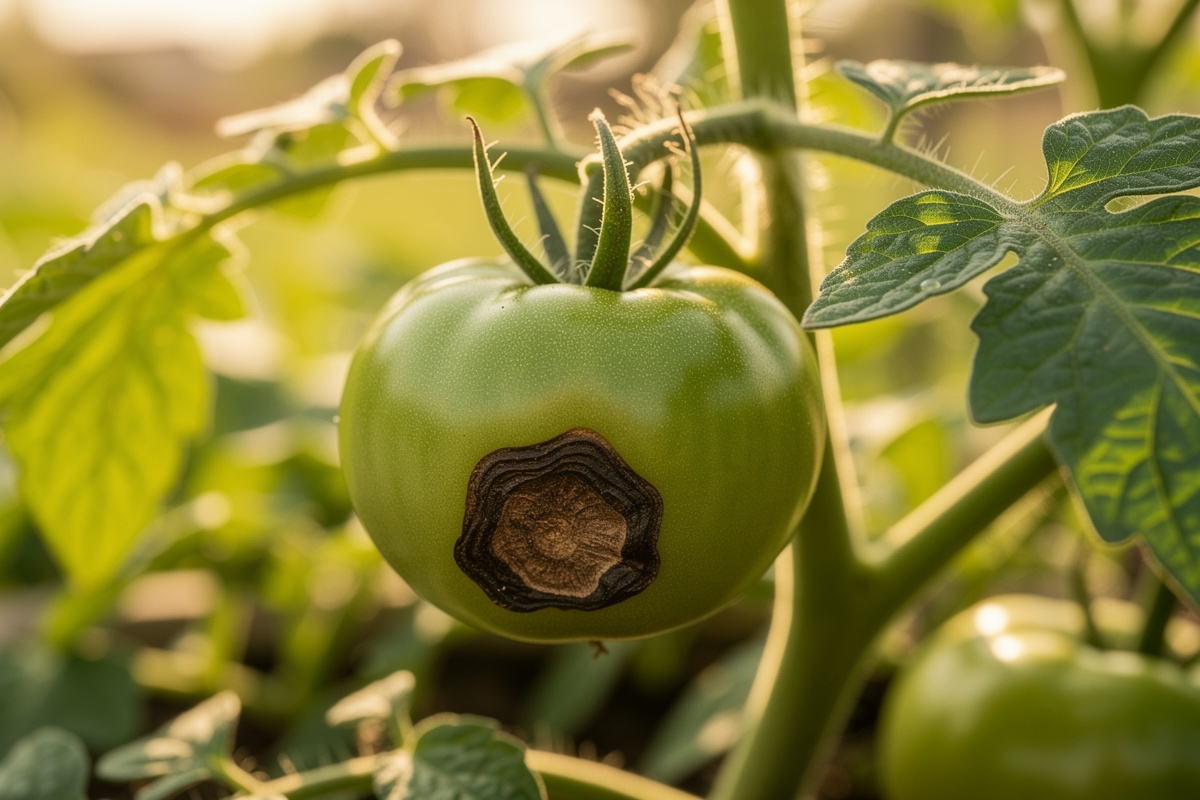 Tomato fruit with blossom end rot showing dark sunken patch on the bottom of a green tomato hanging from the vine
