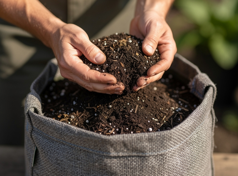 Filling a fabric grow bag with dark rich potting soil