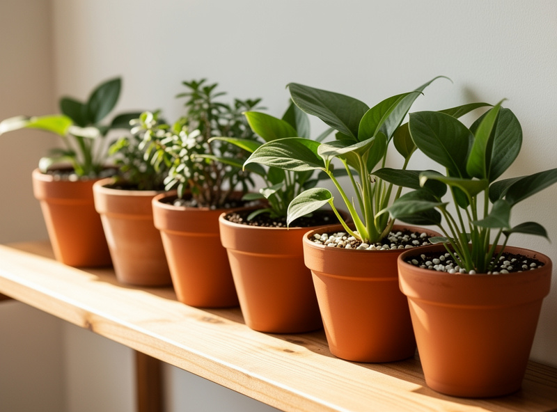 Healthy houseplants with dry soil surface and perlite top layer preventing fungus gnats