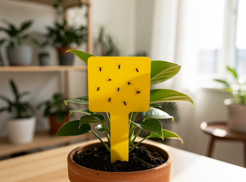 Yellow sticky trap in a houseplant pot catching fungus gnats