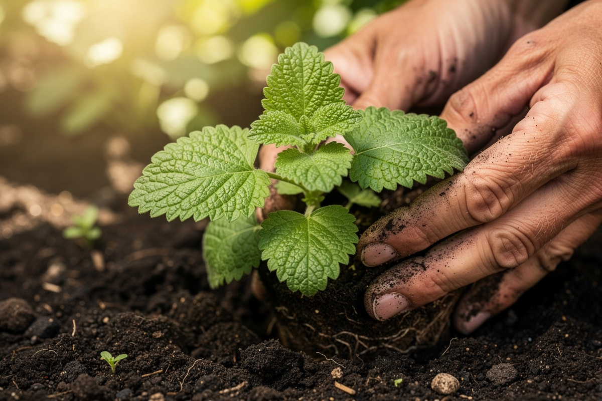 Young lemon balm plant with bright green heart-shaped leaves growing in a partial shade garden bed in spring
