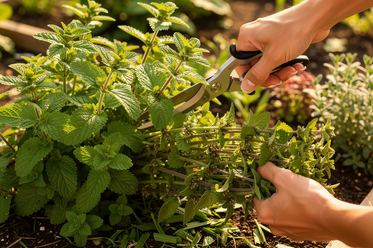 Mature lemon balm plant being cut back hard with garden shears in midsummer to encourage fresh leaf flush