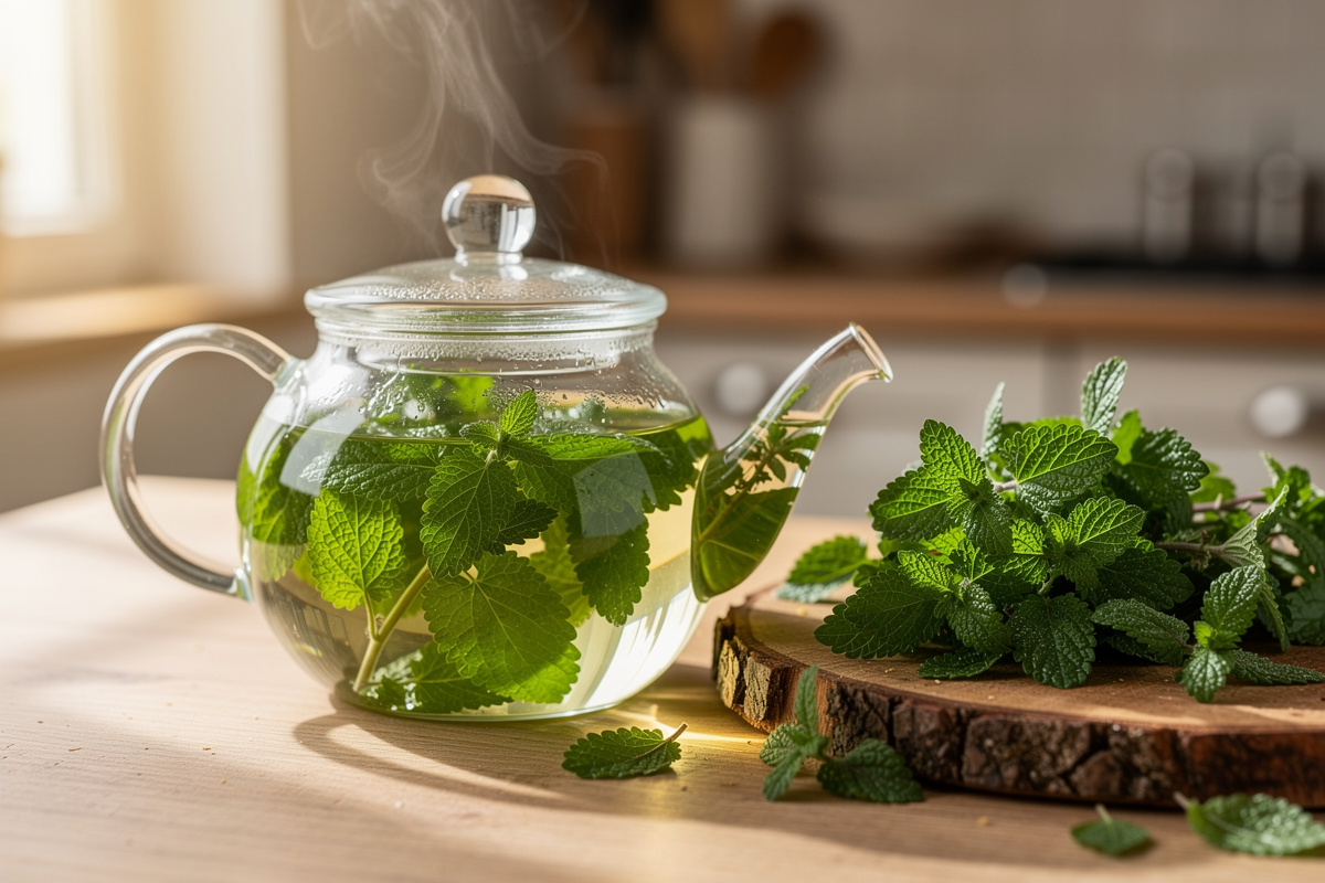 Freshly harvested lemon balm leaves being brewed into herbal tea in a clear glass teapot with steam rising next to a wooden cutting board