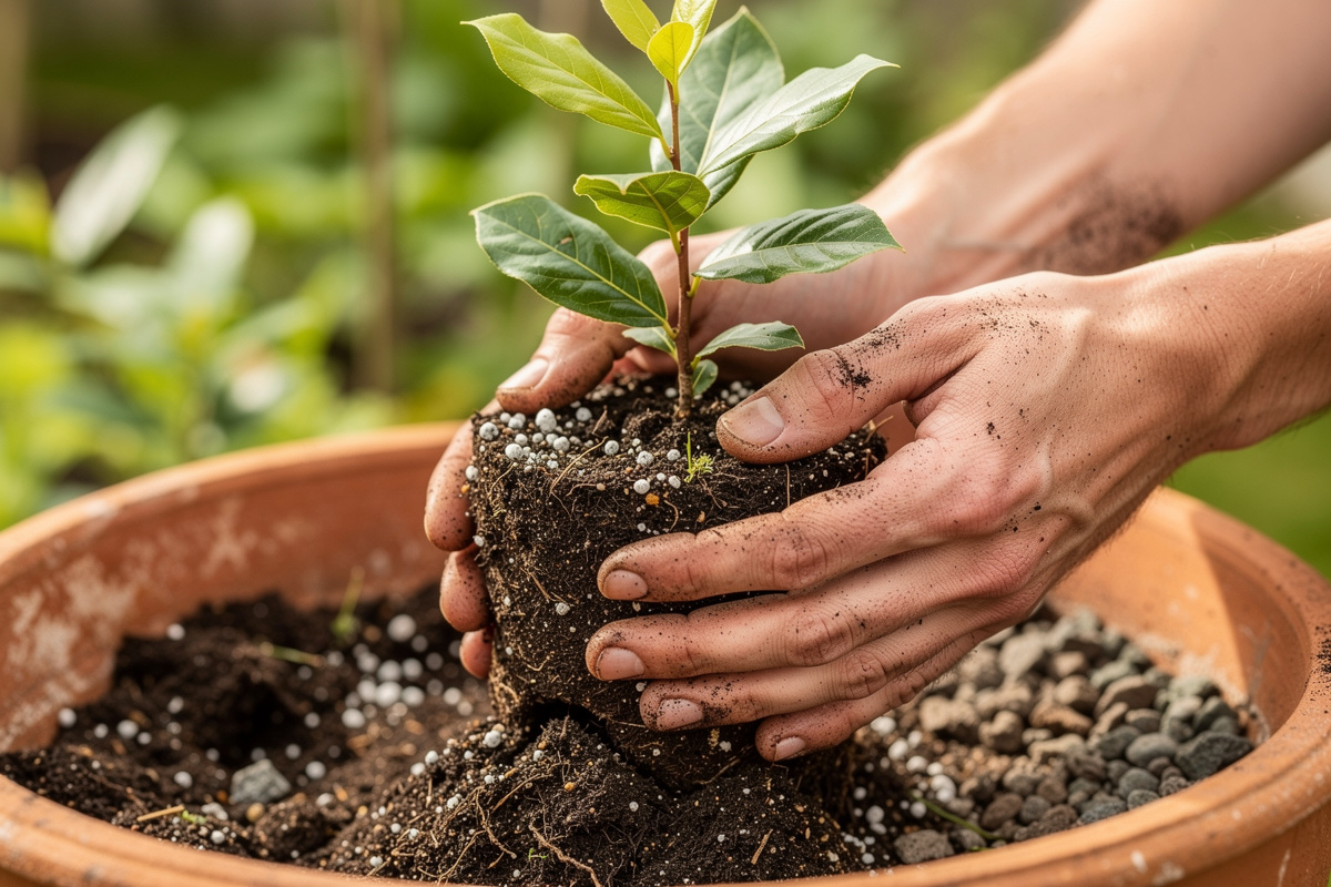 Young bay laurel transplant being placed into a large terracotta container with rich soil mix and good drainage in early spring