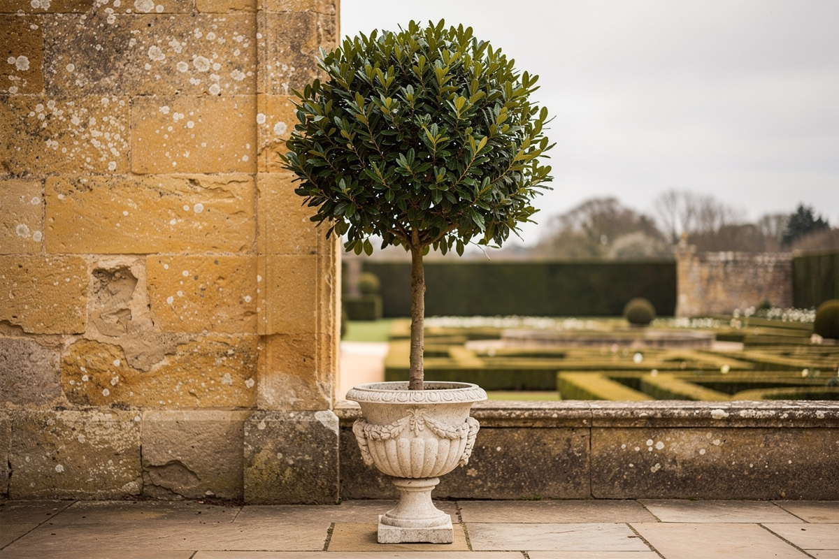 Bay laurel tree shaped as a topiary standard with glossy dark green leaves growing in a classical garden urn container