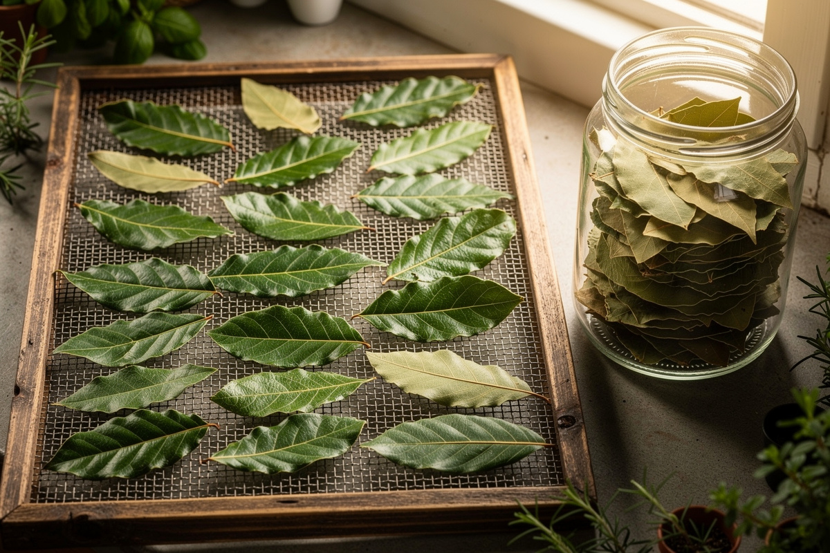 Freshly harvested bay leaves drying on a wooden screen tray next to glass storage jar containing previously dried bay leaves